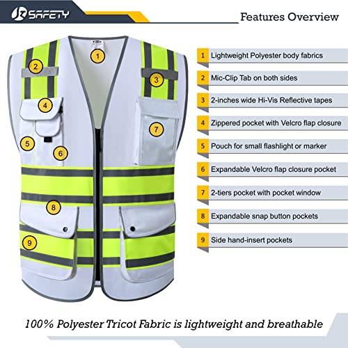 Image of JKSafety 9 Pockets High Visibility Zipper Front Safety Vest | White with Dual Tone High Reflective Strips | Meets ANSI /ISEA Standards (901-White, X-Large)