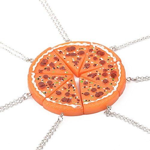7PCS Pizza Necklace Women Girl Silver Tone Rhinestone Best Friends Forever BFF Necklace Engraved Pizza Pendant Necklace