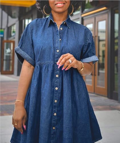 Image of Sexyshine Women's Denim Babydoll Dress Short Sleeve Button Down Flowy Tiered Jeans Mini Shirt Dress