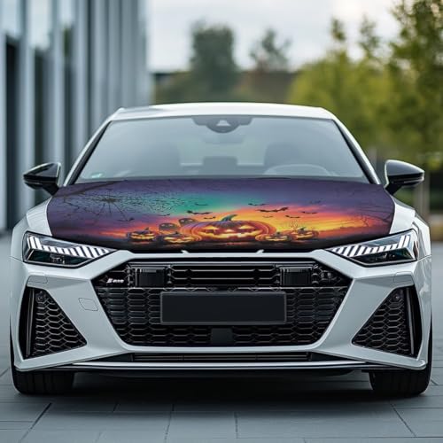 Image of Pumpkin Ghost Halloween Print Car Hood Cover Protector 59x39 Inch Stretchable Auto Hood Wraps Waterproof Halloween Automotive Exterior Accessories for Most SUV Sedans Trucks