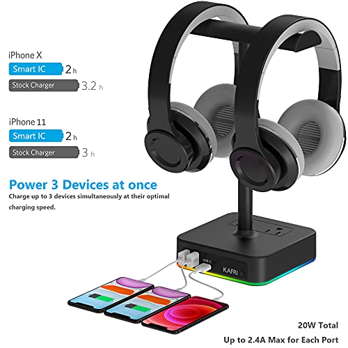 Rgb Dual Headphone Stand With Usb C Charger Kafri Desk Gaming Double Headset Holder Hanger Rack With 3 Usb Charging Port And 2 Outlet - Suitable For Gamer Desktop Table Game Earphone Accessories Gift #TOP2