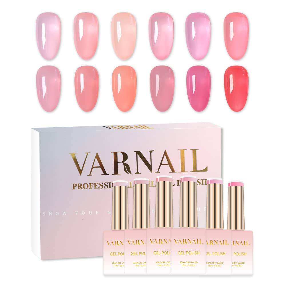 VARNAIL Iced Peach Jelly Gel Nail Polish Kit 6 Colors 15 ml, Translucent Nude Pink Sheer Gel Polish, Salon Quality Soak off UV Light Gel Nail Polish