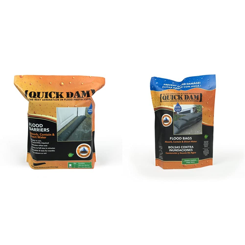 Photo 1 of **ONLY BAG ON LEFT**  Quick Dam QD65-2 5' Barrier Water Flood Dam Bags, 2 Pack, Black & QD1224-2 Water Activated Flood Bags (2 Pack), Black, 2 Count 2 Pack Flood Barrier + Bags