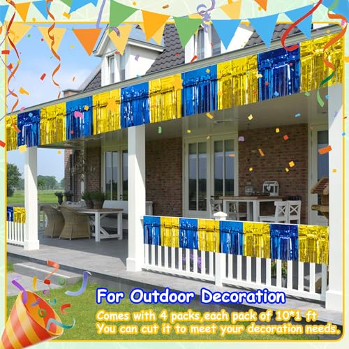 Image of 4 Pack 10 Feet Graduation Parade Floats Foil, Royal Blue Gold Fringe Garland Tinsel Streamers Banner Fringe Curtain Banner for Graduation Homecoming Birthday Party Decorations (Royal Blue, Gold)