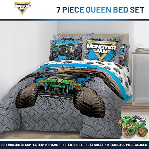 Image of Monster Jam Queen Comforter Set 7 Piece Kids Bedding for Boys, Gray | Grave Digger Megalodon, Bed in a Bag, Comforter Sheets Shams Pillowcases, Soft Microfiber, Machine Washable, Boys Gift