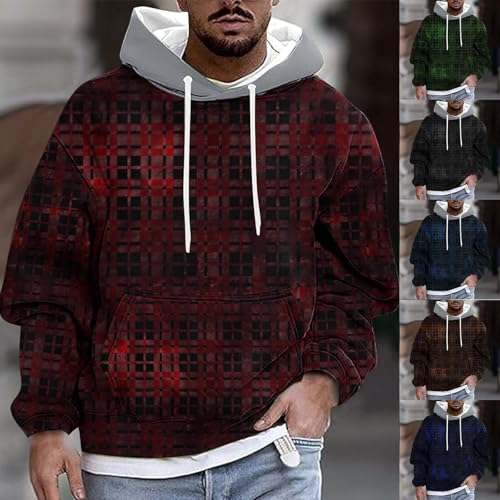 Cambkatl Men's 2025 Fall Vnitage Plaid Fleece Hoodies Long Sleeve Pullover Sweatshirt Casual Loose Workout T-Shirts2