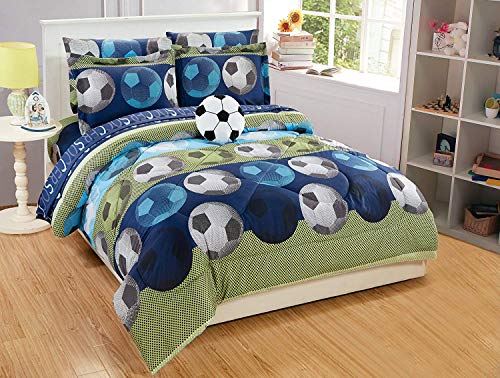 Hottest Sales Elegant Home Blue Green Soccer Design 8 Piece Comforter Bedding Set for Boys/Kids Bed in a Bag with Sheet Set & Decorative Toy Pillow # Soccer (Full Size)