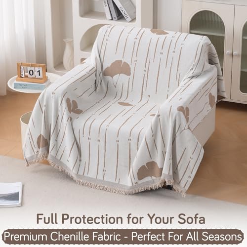Image of HOKIPO Premium Chenille Printed Sofa Cover Throw Blanket 320 GSM for 1 Seater - All Season Use, 'Serene Abode Series' Beige Ginkgo Lines (180x180 cm) (AR-6631-D2)