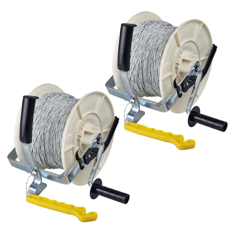 Kit de carrete engranado y valla eléctrica de alambre de 500 m, carrete aislado 3:1 con rollo de alambre de polietileno de 500 m y mango de agarre aislado (carrete de engranaje de 500 m (par))