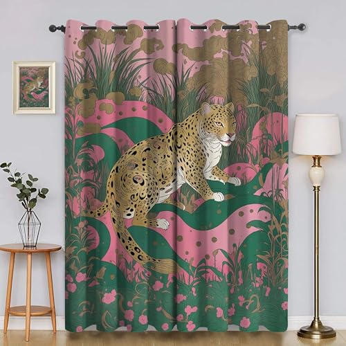 EXSANLIEAY ‌Cortinas Opacas BlackoutBosque Cortina 3D Leopardo Cortinas Opacas para Dormitorio y Sala -2 Piezas 132x158 cm, Térmicas y Antiruido, Diseño Moderno, Instalación Fácil ‌