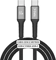 Cabo USB-C 2 metros Tipo C Turbo 60W Ultra Rapido Nylon Trançado e Reforçado Android e Iphone Notebook Tablet Qualidade Premium Carregamento Transferência de Dados - Cor Preta