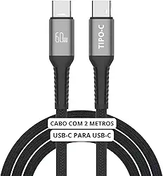 Cabo USB-C 2 metros Tipo C Turbo 60W Ultra Rapido Nylon Trançado e Reforçado Android e Iphone Notebook Tablet Qualidade Premium Carregamento Transferência de Dados - Cor Preta