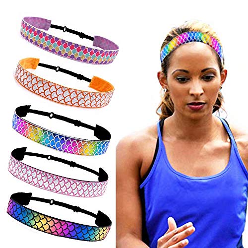 Elastic Sports Headbands Fashion Glitter Mermaid Fish Scale Headband Makeup Adjustable Hairband Yoga Running Non-slip Head Wrap Sweatband for Women Girls Hair Accessories,5 Pcs