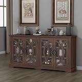 wanan 69' Sideboard Buffet, Farmhouse Buffet Cabinet with 4 Glass Barn Doors, Wood Sideboard Storage Cabinet for Kitchen, Dining Room, Living Room, Antique Brown