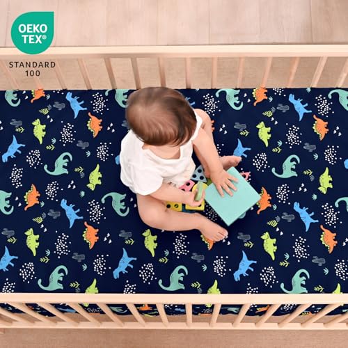Image of PHF 3 Pack Soft Dinosaur Crib Sheets Fitted, Comfy Breathable Baby Sheets for Boys Girls, 28x52 Inches Fits Standard Crib and Toddler Mattresses, Navy Dinosaur