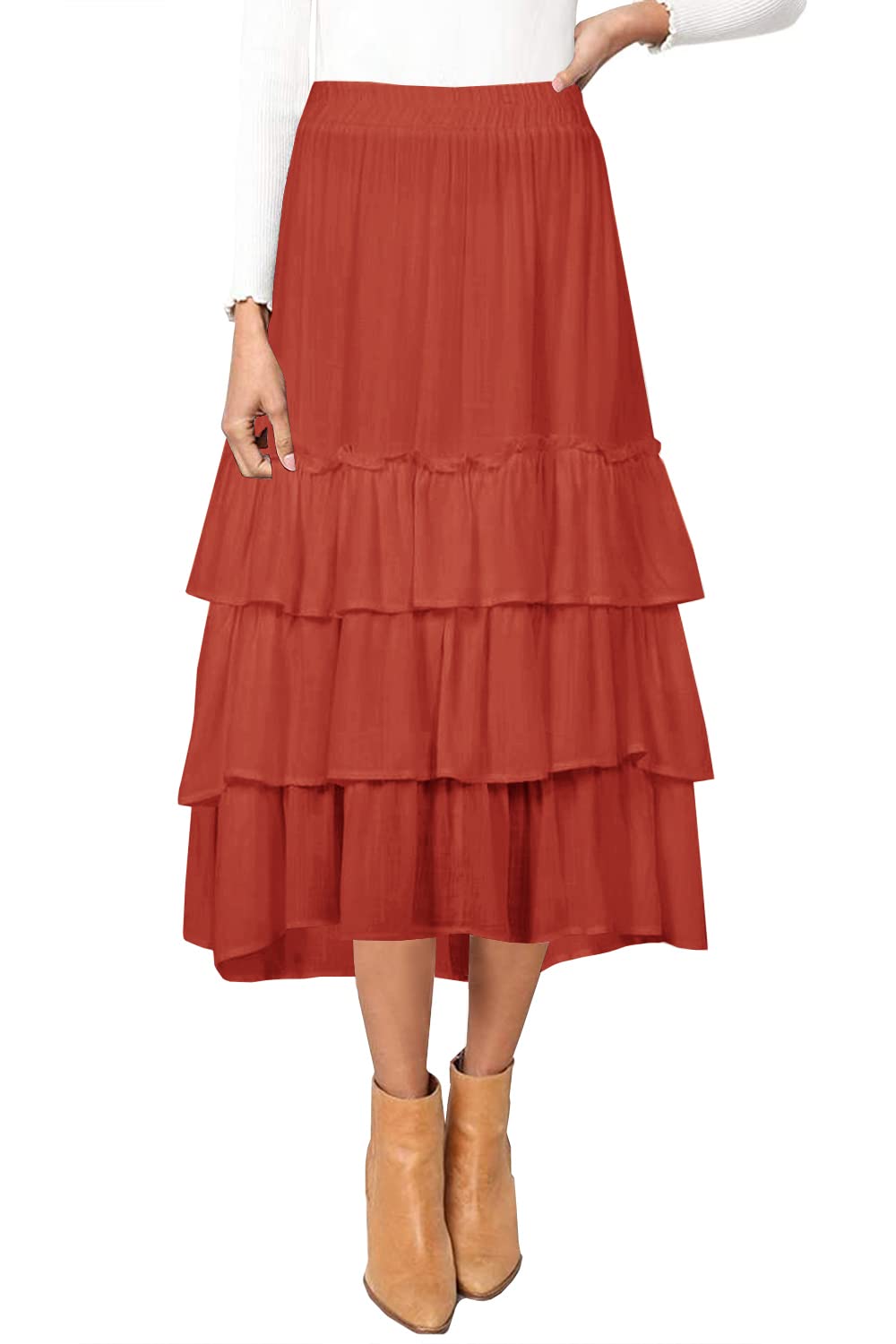 Ferlema Womens Casual Elastic High Wasit Solid Color Ruffle Swing A-Line Midi Skirt with Pockets