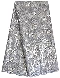 SanVera17 African Fabric 3D Sequins Net Fabrics Nigerian Embroidered Lace Fabric for Party Dress (Silver) 5 Yards