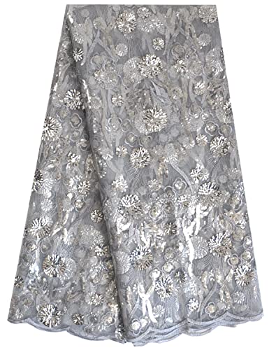 SanVera17 African Fabric 3D Sequins Net Fabrics Nigerian Embroidered Lace Fabric for Party Dress (Silver) 5 Yards