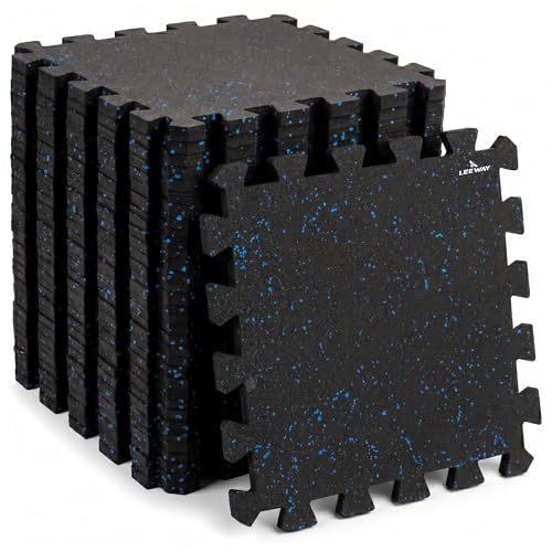 Image of Leeway Interlocking Gym Mats for Floor | EPDM (Set of 8, 10mm, 20 inchx20 inch) Black with Blue Flecks | Gym Floor Mat Rubber for Workout | Equipment Matt for Home | Rubber Tiles, Kids Rooms Puzzle Mate