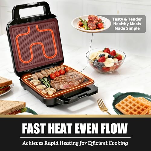 Image of FineMade Panini Grill Press Breakfast Sandwich Maker 3 in 1, Electric Griddle Panini Press, Grilled Cheese Maker, Sandwichera Electrica, Belgian Waffle Maker with Removable Plates