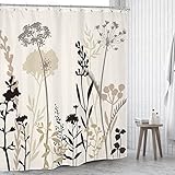 Omifly Beige Shower Curtain Cream Floral Taupe Brown Silhouette Flower Rustic Boho Wildfloral Leaves