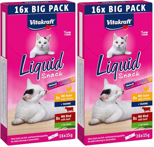 Vitakraft Liquid Snack, snack gatto, snack gatto cremoso, con manzo, con pollo, in bustine singole, 1 confezione scorta (16x 15g) (Confezione da 2)