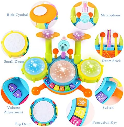 Cozybuy Kids Drum Set, Electronic Musical Instruments Toddlers Toys with 2 Drum Sticks, Beats Flash Light and Adjustable Microphone, Birthday Gift for 1-12 Years Old Boys and Girls 4 51gFniT8DQL. AC