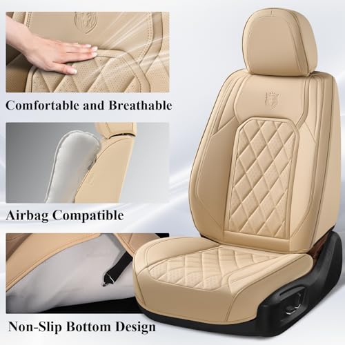 Image of Coverado Car Seat Covers Full Set, 5 Seat Universal Seat Cover for Cars, Luxury Faux Leather Waterproof Seat Covers, Front and Back Car Seat Protector, Auto Seat Covers Fit for Most Vehicles, Beige
