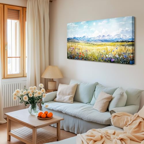 SERIMINO Nature Landscape Large Wall Art Prints, Meadow Wildflowers Rustic Home Decor, Mountain Wilderness Scenic Canvas Painting, Outdoor Pictures Wall Decor Living Room Bedroom Bathroom 24"X48"