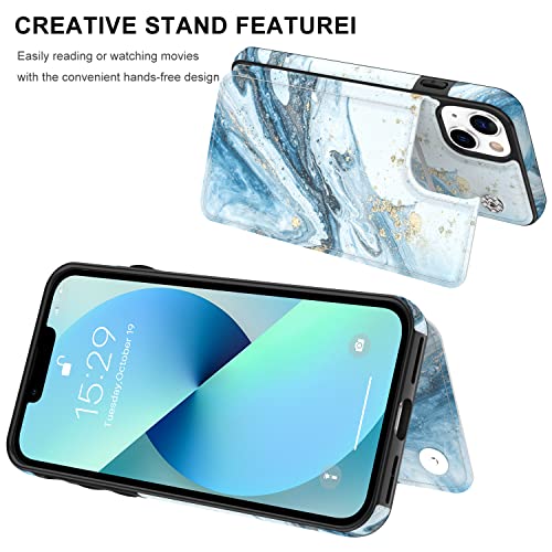 Leto Iphone 13 Case,Flip Folio Leather Wallet Case Cover With Fashion Flower Designs For Girls Women,Built-In Card Slots Kickstand Protective Phone Case For Iphone 13 6.1" Opal Blue Marble #TOP3