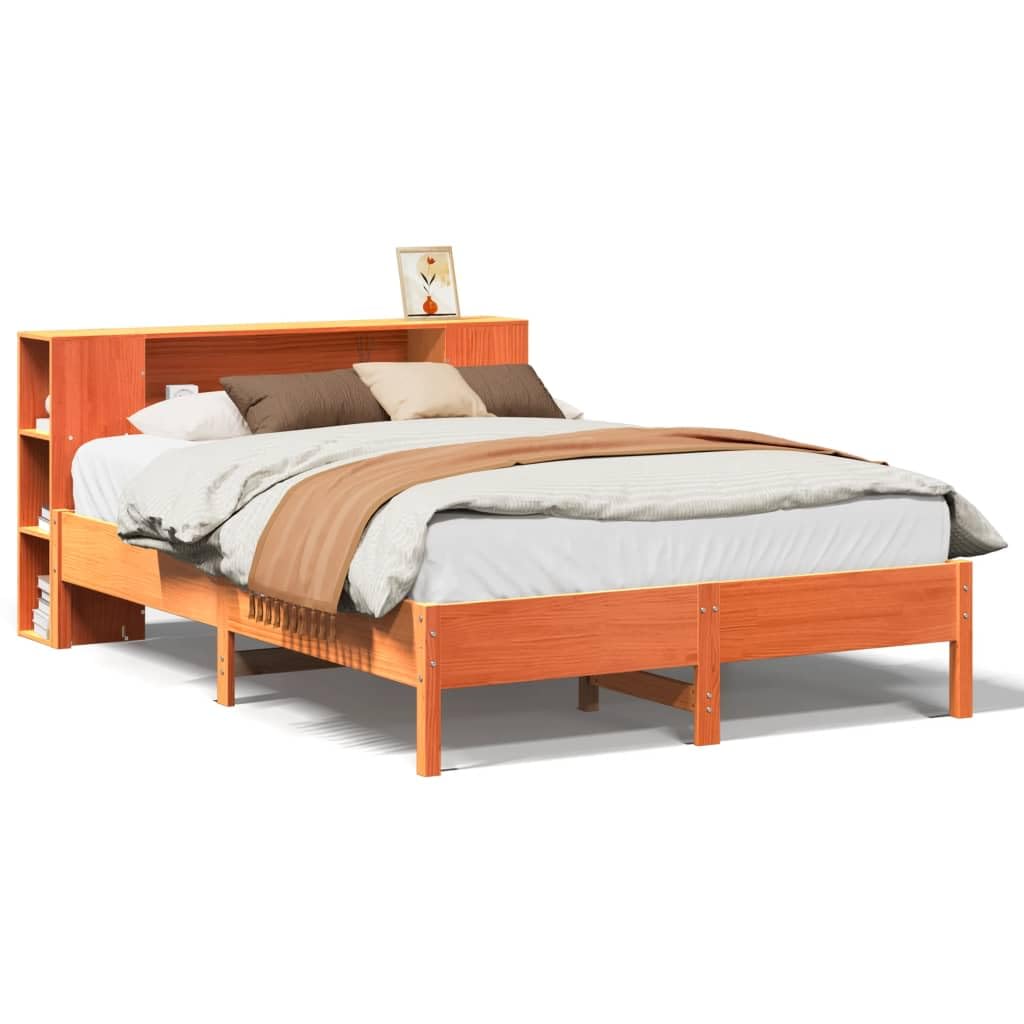 Cama de madera maciza de pino de 140 x 200 cm, color marrón cero, con estante, cabecero de lamas, cama doble, ahorra espacio, para dormitorio, habitación de invitados, habitación juven