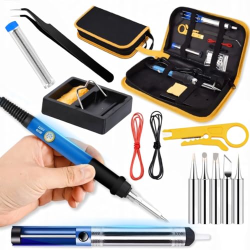 Set de soldador Retoo 60W, calefacción de cerámica, temperatura ajustable 200-450°C, juego de soldadura para trabajos eléctricos con 5 puntas de soldadura intercambiables, bomba desoldadora, soporte