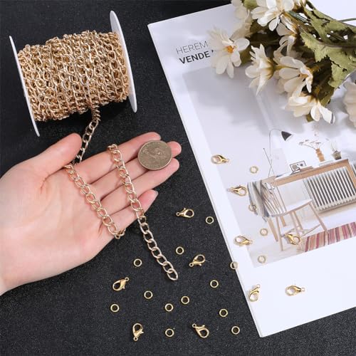 SOFPLATE 10M Gold Curb Chain Bulk Chain Jewellery Kit Aluminium Oval Twist Link Chain Spool Curb Chain Set Long Roll Curb Chains for Jewellery Making Kits Necklace Bracelet Supplies DIY Crafts - Image 3