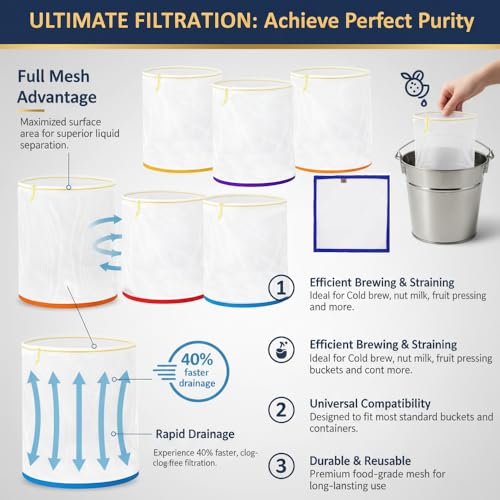 5 Stück 5 Gallonen Mesh Bubble Bags, Bubble Bag Hash Sieb für Sustainable Filtration of Herbal Extracts, Presssieb und Aufbewahrungsbeutel Kit für Kräuterextraktion und Produktion(25 to 220-Mikron)