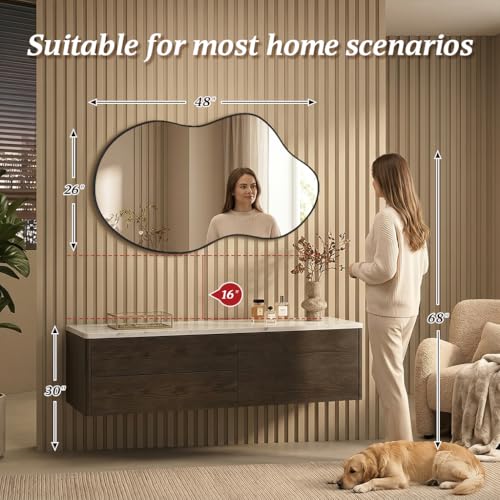 Image of Irregular Asymmetrical Wall Mirror 26x48 Inches Decorative Tempered Glass | Modern Aluminum Alloy Frame, Black Abstract Cloud Mirror for Bathroom, Bedroom, Living Room, Entryway, Cloakroom