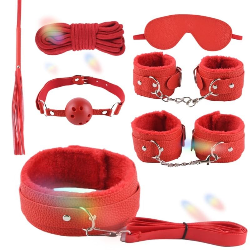 WreGmgg 7-Pieza CláSico Lichee Textura Cuero Suave Fitness Set Multifuncional con Forro De Peluche, Equipado con Entrenamiento LáTigo Y Cuello De Cuero - D3