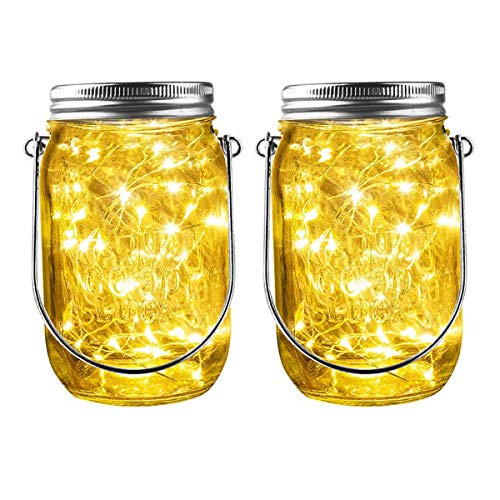 Epyz 20 LEDs Hanging Solar Light Outdoor Solar Mason Jar Lid Fairy String Lights for Patio, Garden, Yard and Lawn (Pack of 2, Warm Yellow Light)(Glass)