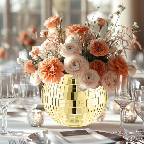 Image of Mirrored Disco Ball Planter,2 Pcs Disco Ball Vase,4.4 x 6 in(Gold)