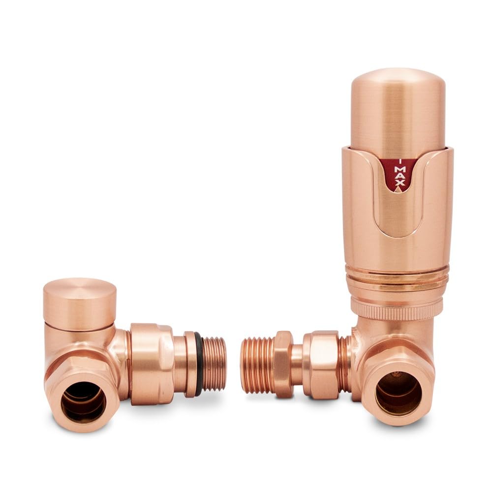 Brushed Copper Corner TRV Thermostatic Radiator Towel Rail Valves