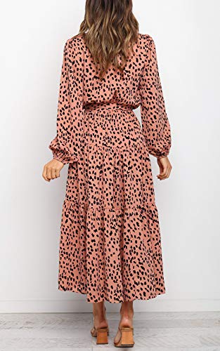 MITILLY Women's Boho Leopard Print Ruffle Long Sleeve V Neck Casual Flowy Party Maxi Dress Khaki Medium