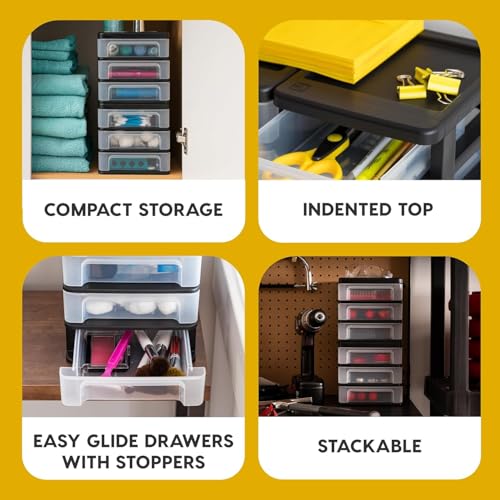 Image of IRIS USA 2-Pack, 3-Drawer Small Plastic Stacking Desktop Organizer, Black | Keep dorm desks tidy with drawers for school supplies, makeup, chargers, snacks and everyday college essentials