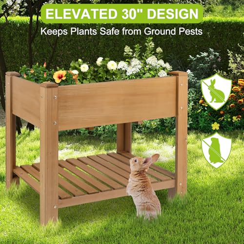 Image of ketive Raised Garden Bed with Legs - Elevated Wooden Planter Box, Durable Fir Wood, Reinforced Frame with Drainage Holes, Liner, and Storage Shelf for Vegetables, Herbs, Flowers, 33.5 inch x 18 inch x 30 inch