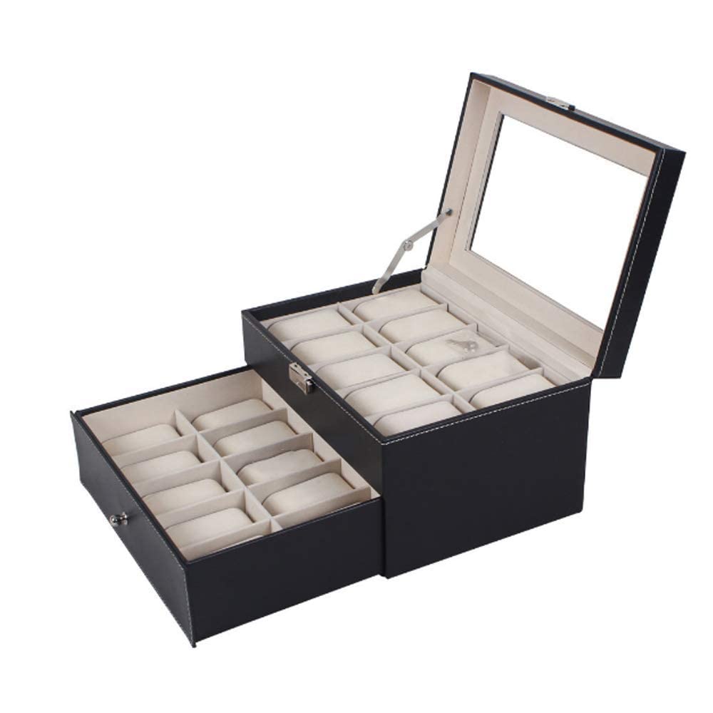 QUSYZD Watch Winders, Watch Display Storage Box 2 Layers 20 Jewellery Watch Storage Box with Glass Lid and Bracelet Bangle Tray Watch Box Great for Shop,