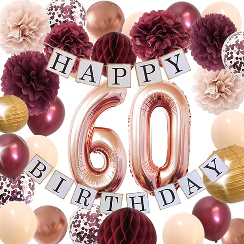 60th birthday decorations women – Rose gold 60 birthday party supplies for Happy Womens with Fabulous Champagne burgundy flowers Balloons Tissues Decor (burgundy + Champagne)