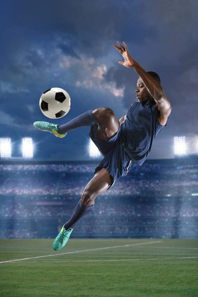 Laminated Soccer Player Jump Kicking Ball Stadium Sports Photo Poster Dry Erase Wall Art 24x36