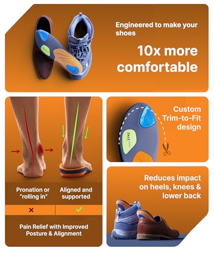 Image of Orthotic Insoles for Men & Women, Orange Nylon 5-Layer Poron, Gel & TPU Cushioning | Arch Support for Flat Feet, Plantar Fasciitis & Heel Spurs | Shock Absorbing, Trimmable | Pack of 2, Size XL