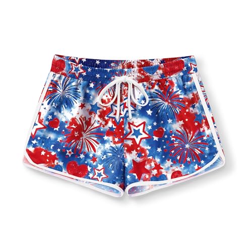 Image of BesserBay Girls 4th of July Elastic Waist Beach Swim Shorts American Flag Trunks with Pockets 5-14 Years