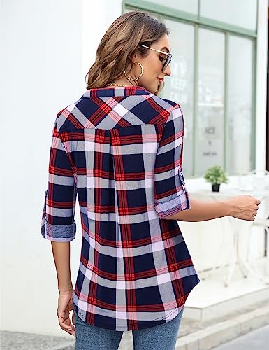 Image of Bulotus 3 /4 Length Sleeve Womens Striped Tops Zipper V Neck Collared Blouses Business Casual Tunics 2026 Spring Trendy