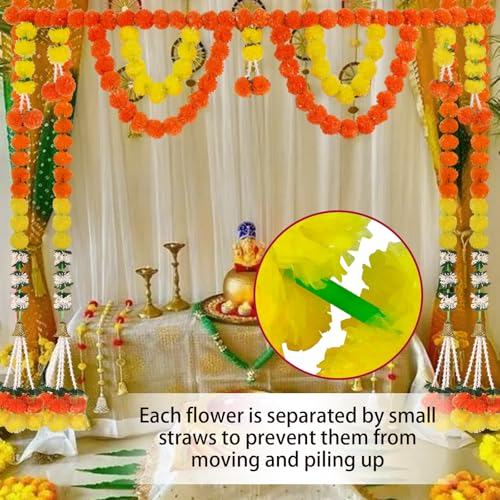 Image of Marigold Garland for Diwali Decoration- 5PCS 5FT Artificial Marigold String Bandarwal Toran Porch Valance Mandir Pooja Decor Mandap Wedding Housewarming Patio Party Backdrop Ornament
