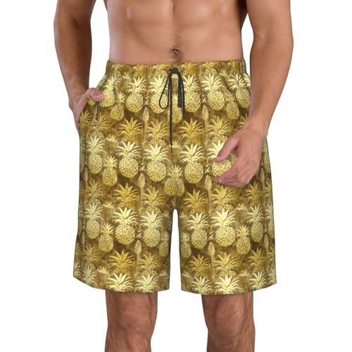 Gold Pineapple Background Print Stylish Beach Shorts Swim Trunks Lightweight Breathable Summer Outdoor Activities